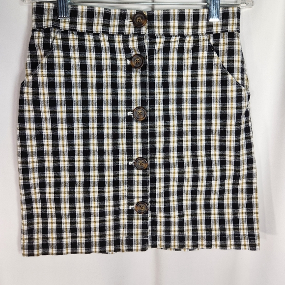 Hollister Black White Yellow Plaid Front Button Skirt w/Pockets Size XSmall - Picture 1 of 8